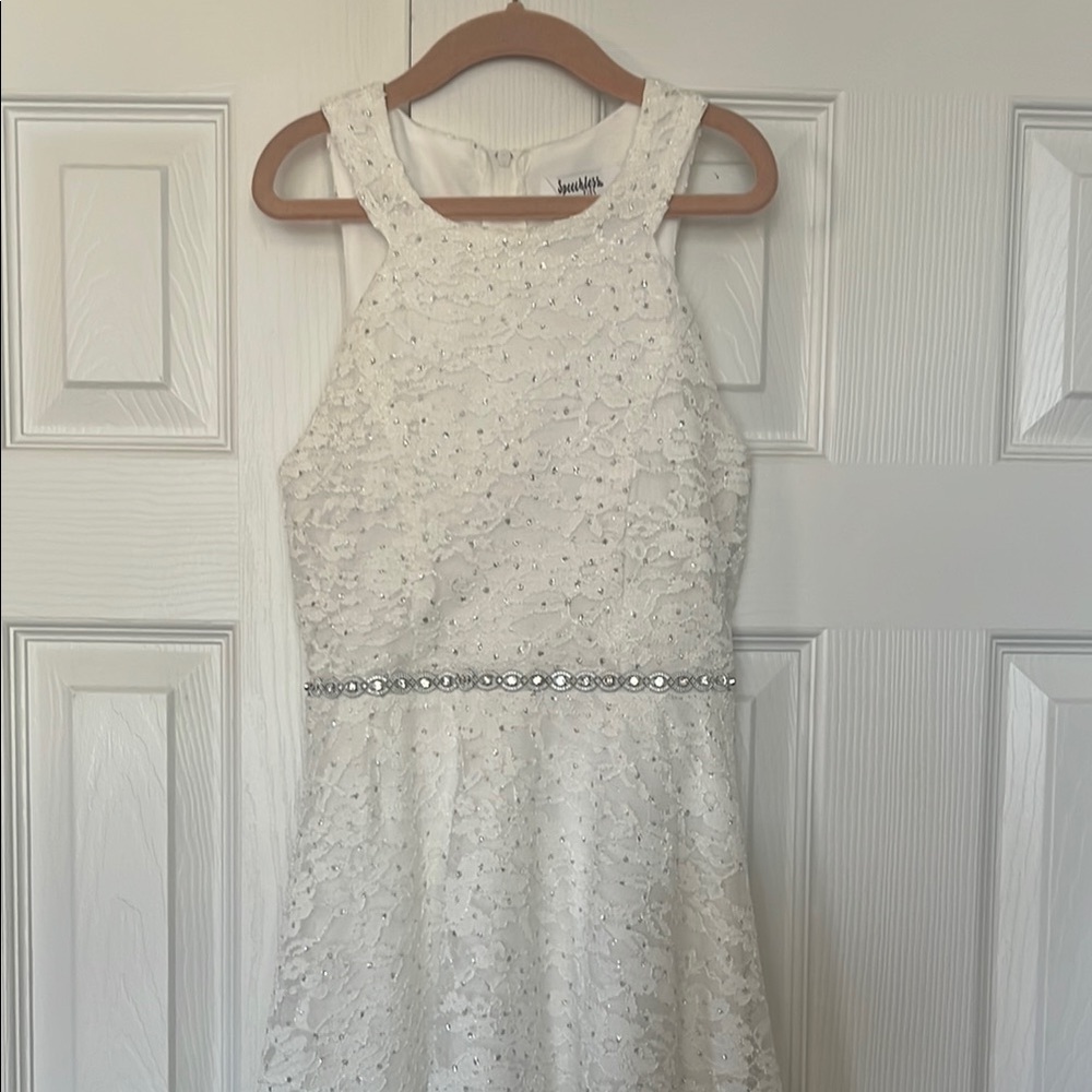 White Lace Kids Dress with Rhinestone Belt